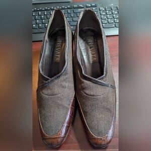 Prevata Shoes Women's 9B Italian Stretch Brown Leather Croc and Woven with Heels